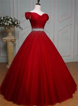 Picture of Wine Red Color Ball Gown Off Shoulder Beaded Party Dresses, Tulle Off Shoulder Prom Dresses